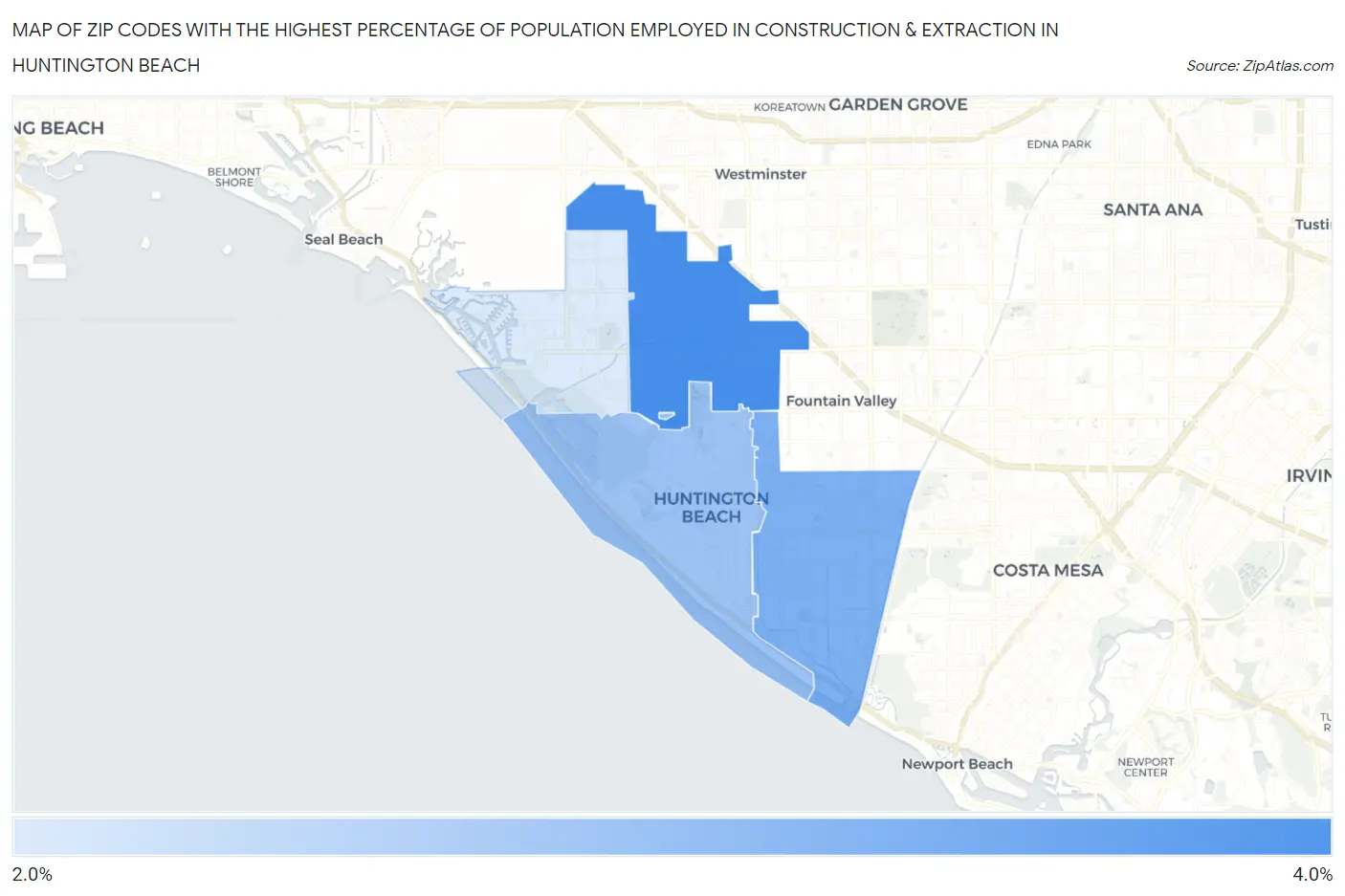 Zip Codes with the Highest Percentage of Population Employed in Construction & Extraction in Huntington Beach Map