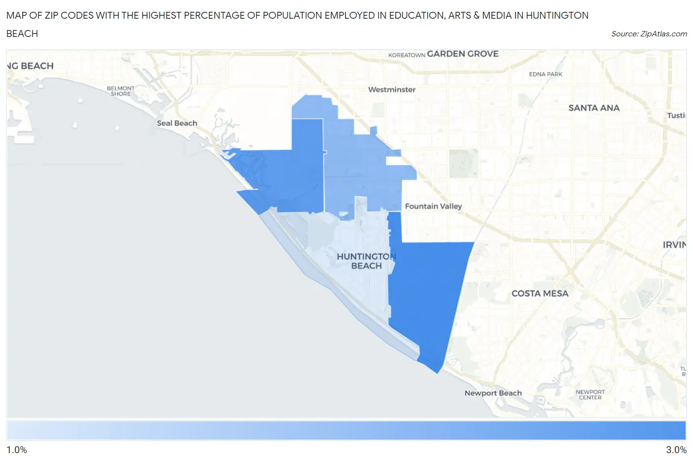 Zip Codes with the Highest Percentage of Population Employed in Education, Arts & Media in Huntington Beach Map