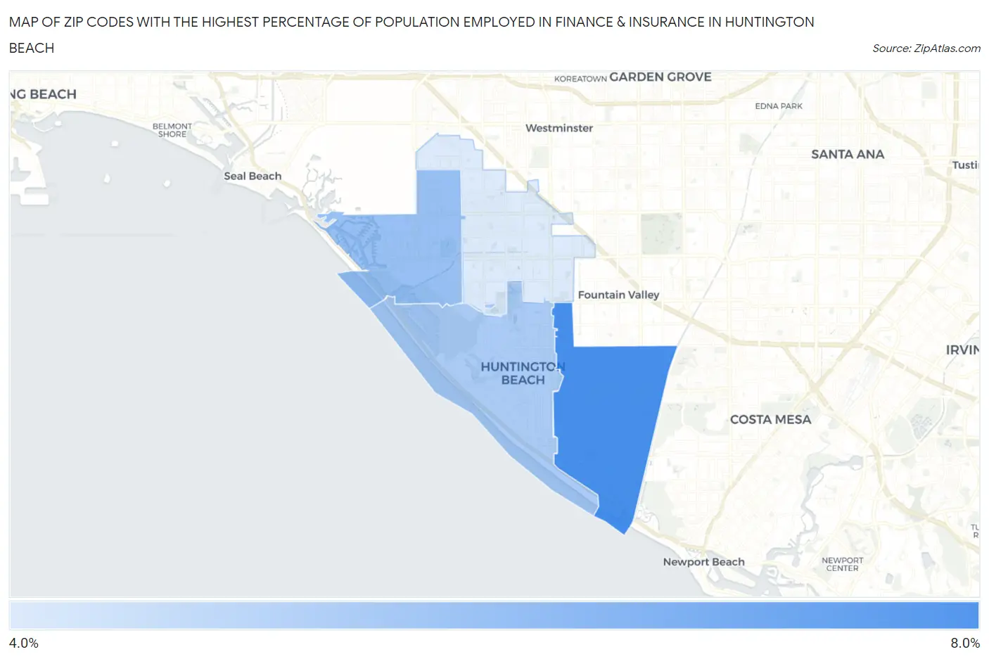 Zip Codes with the Highest Percentage of Population Employed in Finance & Insurance in Huntington Beach Map