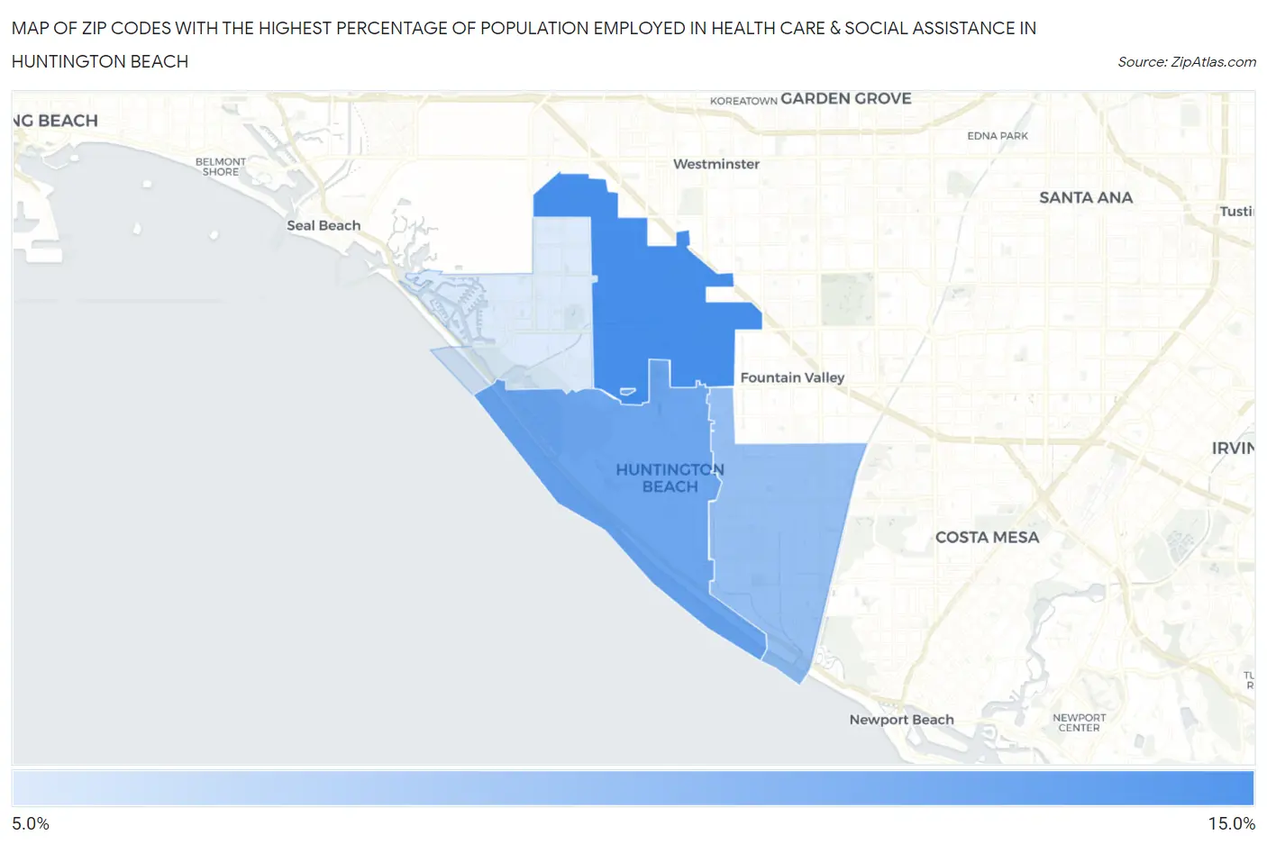 Zip Codes with the Highest Percentage of Population Employed in Health Care & Social Assistance in Huntington Beach Map