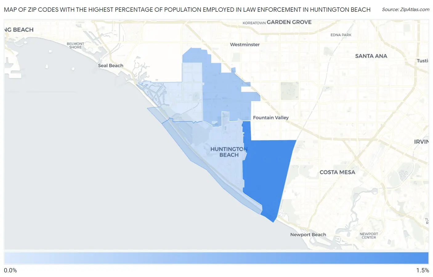 Zip Codes with the Highest Percentage of Population Employed in Law Enforcement in Huntington Beach Map