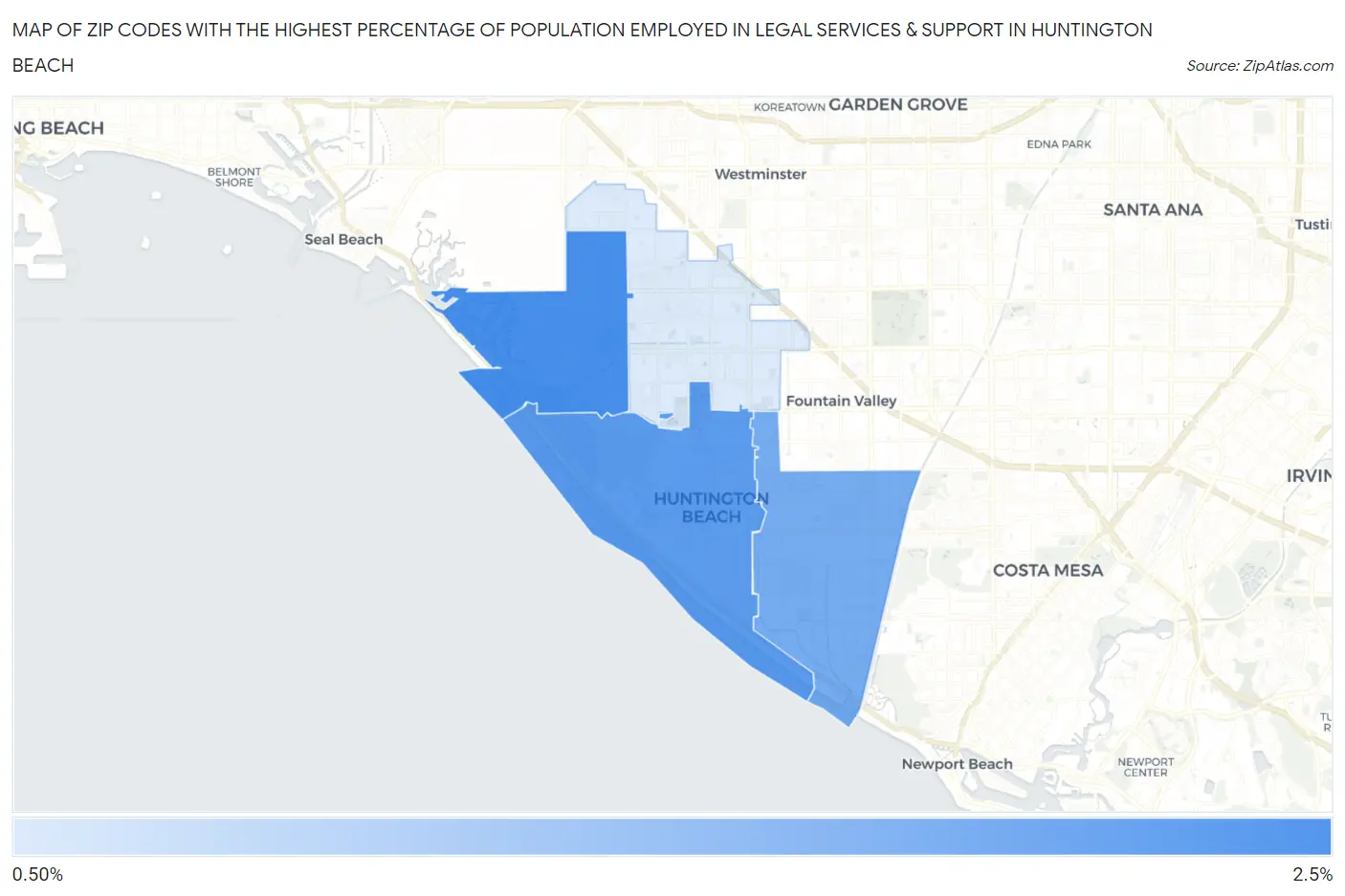 Zip Codes with the Highest Percentage of Population Employed in Legal Services & Support in Huntington Beach Map
