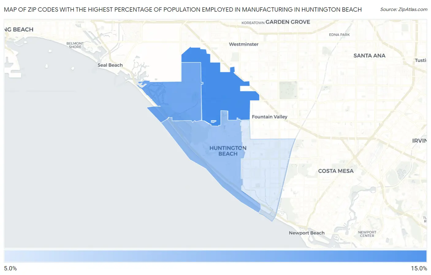 Zip Codes with the Highest Percentage of Population Employed in Manufacturing in Huntington Beach Map