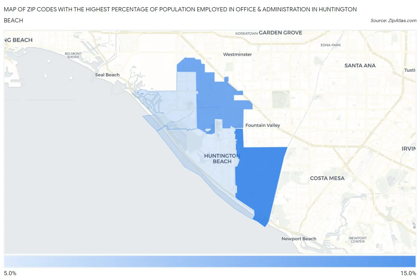 Zip Codes with the Highest Percentage of Population Employed in Office & Administration in Huntington Beach Map