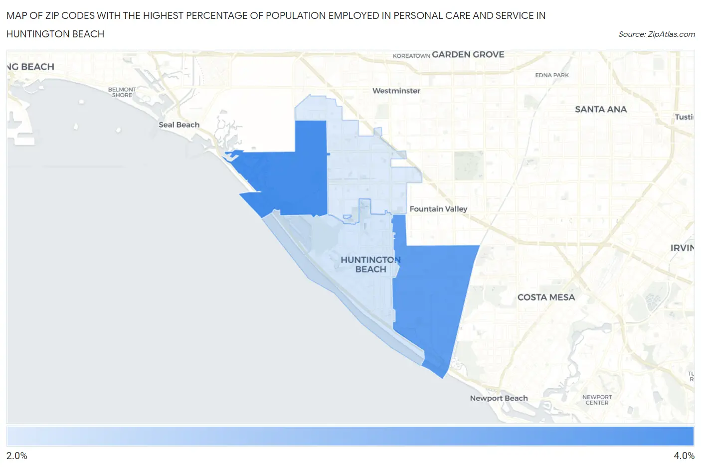Zip Codes with the Highest Percentage of Population Employed in Personal Care and Service in Huntington Beach Map