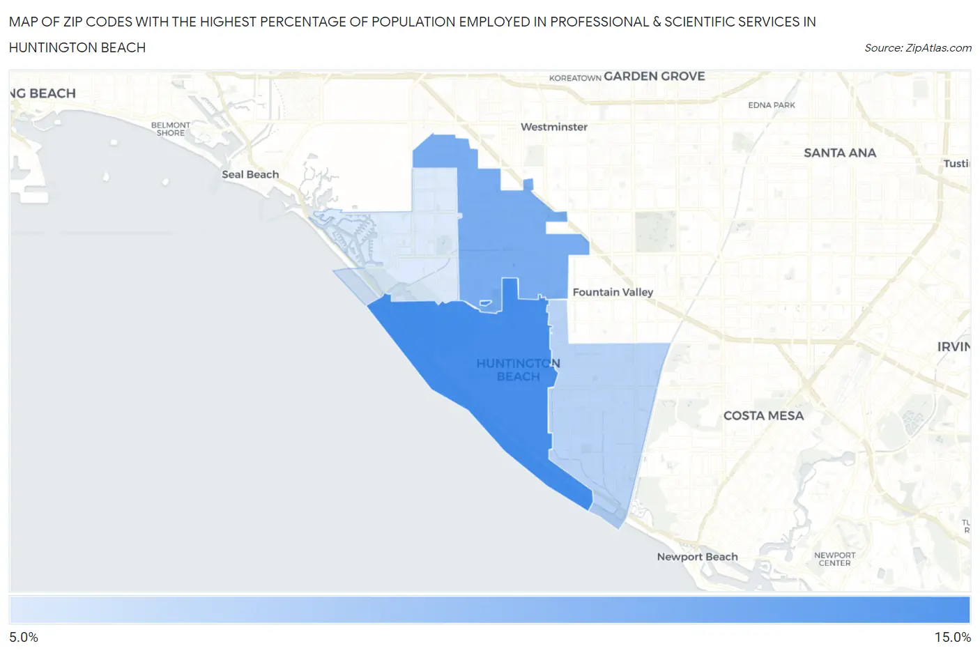 Zip Codes with the Highest Percentage of Population Employed in Professional & Scientific Services in Huntington Beach Map