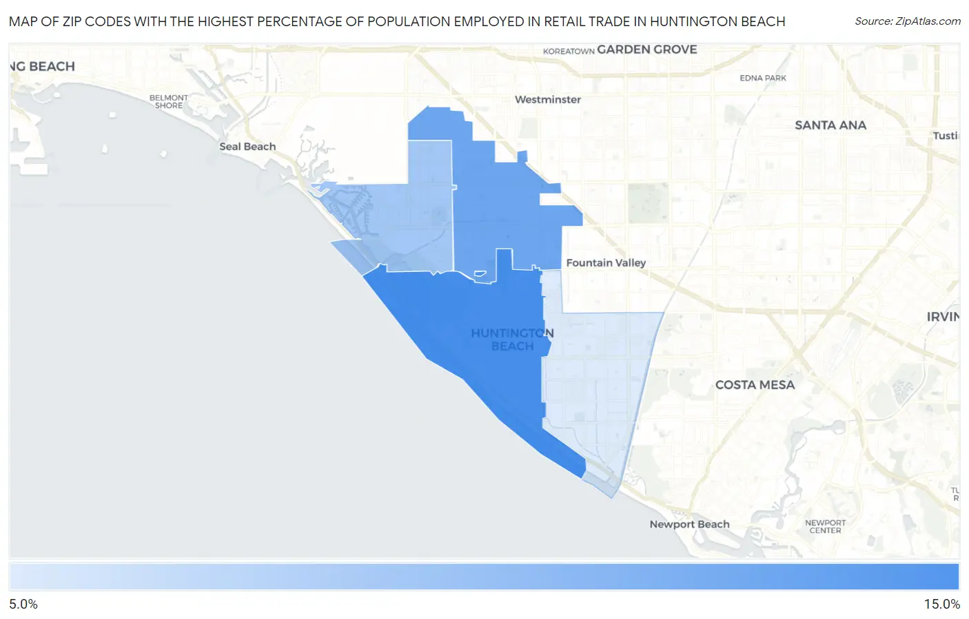Zip Codes with the Highest Percentage of Population Employed in Retail Trade in Huntington Beach Map