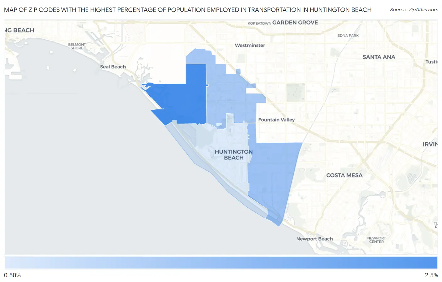 Zip Codes with the Highest Percentage of Population Employed in Transportation in Huntington Beach Map