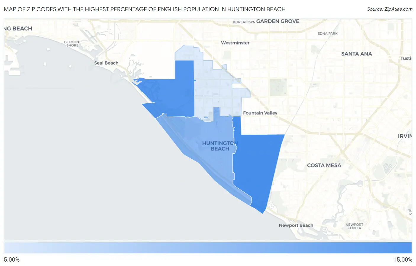 Zip Codes with the Highest Percentage of English Population in Huntington Beach Map