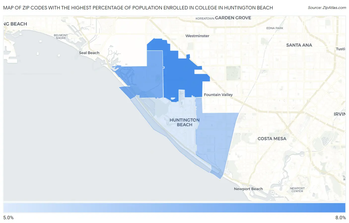 Zip Codes with the Highest Percentage of Population Enrolled in College in Huntington Beach Map