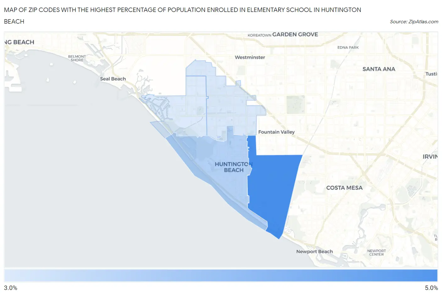 Zip Codes with the Highest Percentage of Population Enrolled in Elementary School in Huntington Beach Map