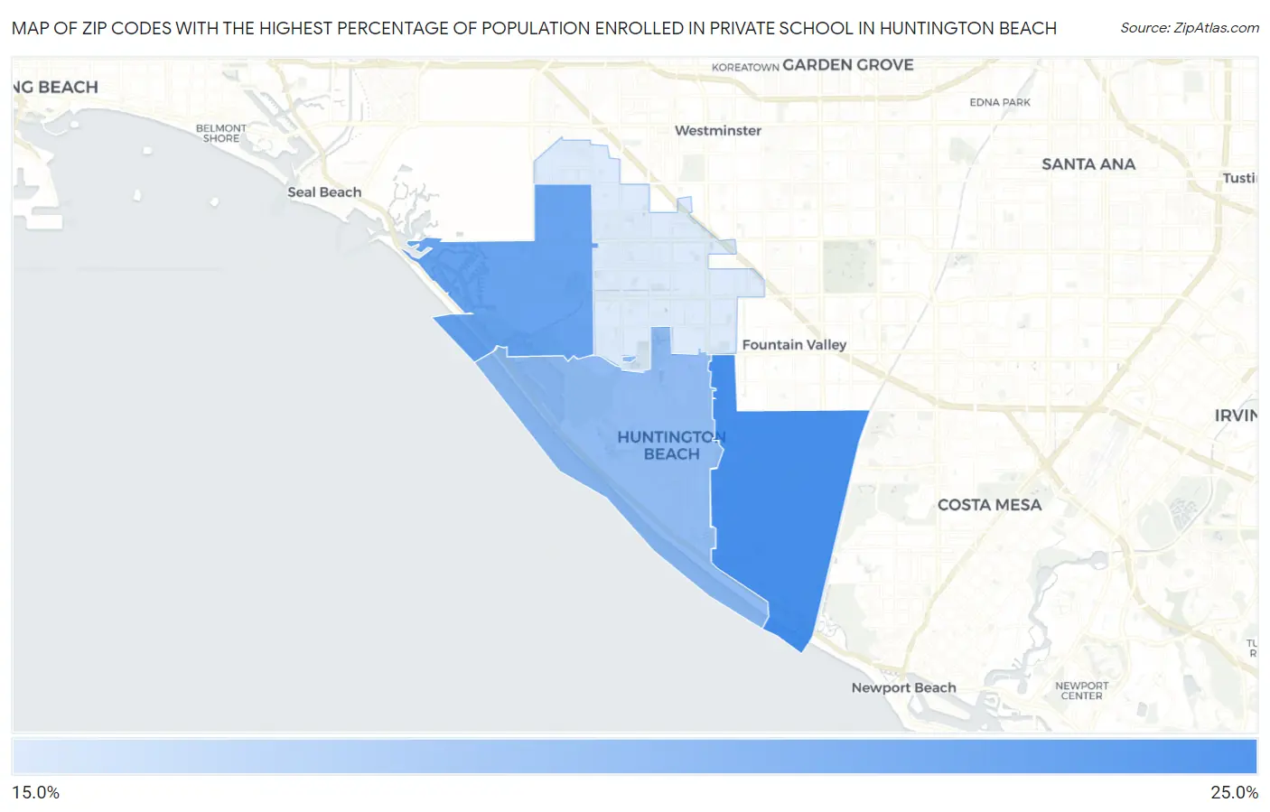 Zip Codes with the Highest Percentage of Population Enrolled in Private School in Huntington Beach Map