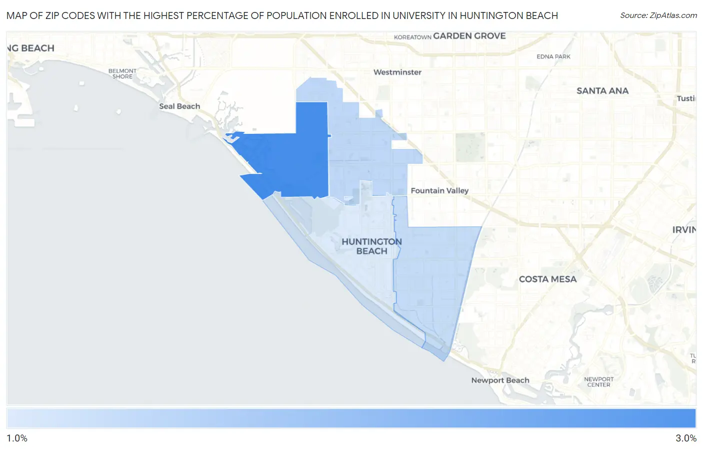 Zip Codes with the Highest Percentage of Population Enrolled in University in Huntington Beach Map