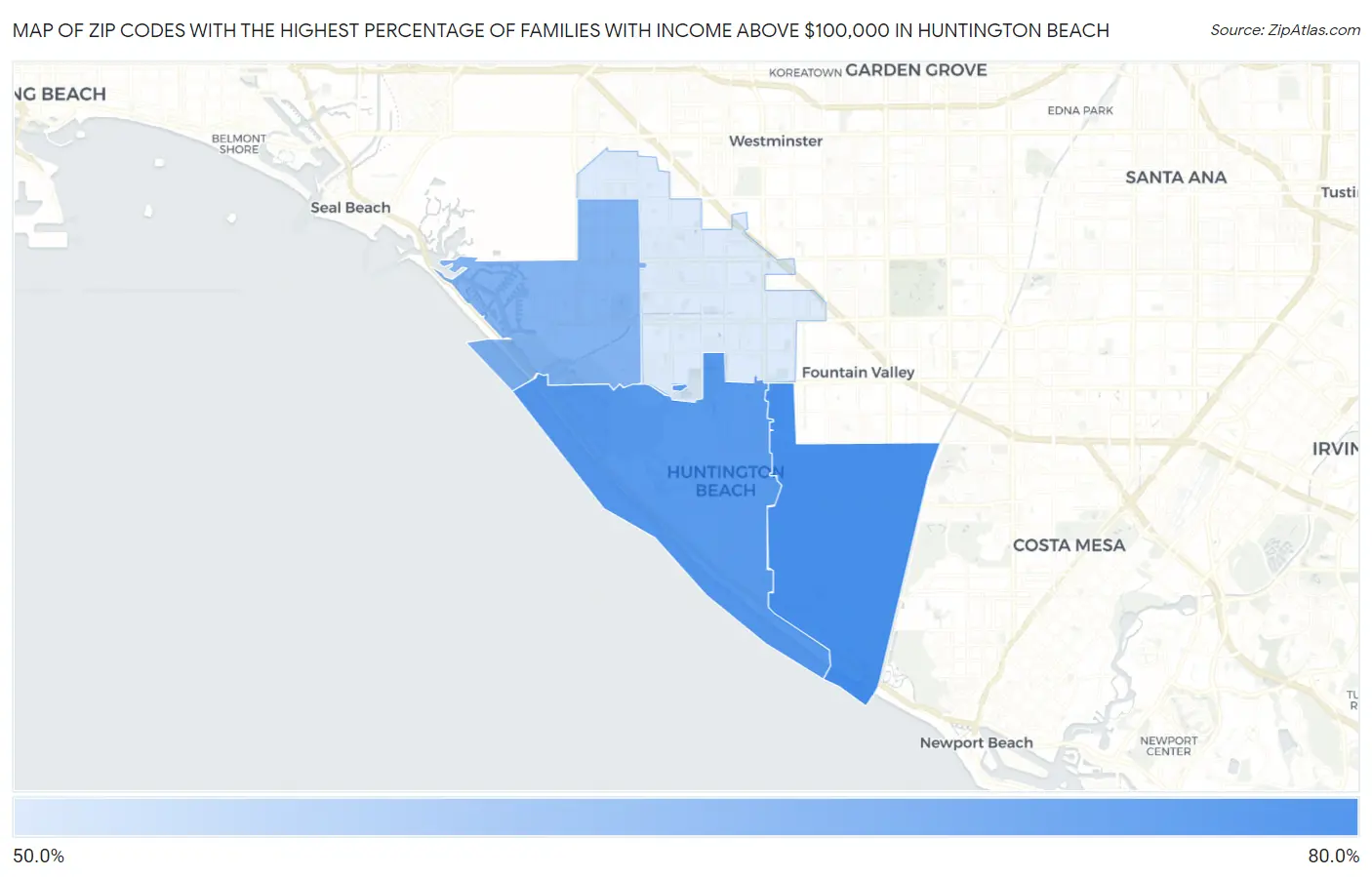 Zip Codes with the Highest Percentage of Families with Income Above $100,000 in Huntington Beach Map