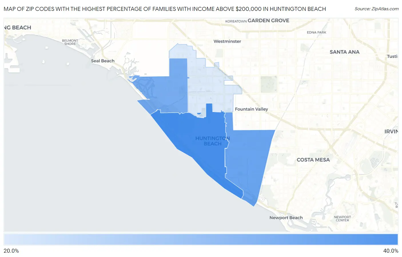 Zip Codes with the Highest Percentage of Families with Income Above $200,000 in Huntington Beach Map