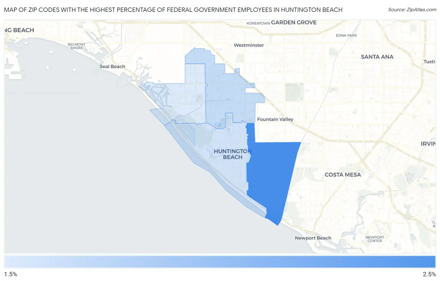 Zip Codes with the Highest Percentage of Federal Government Employees in Huntington Beach Map