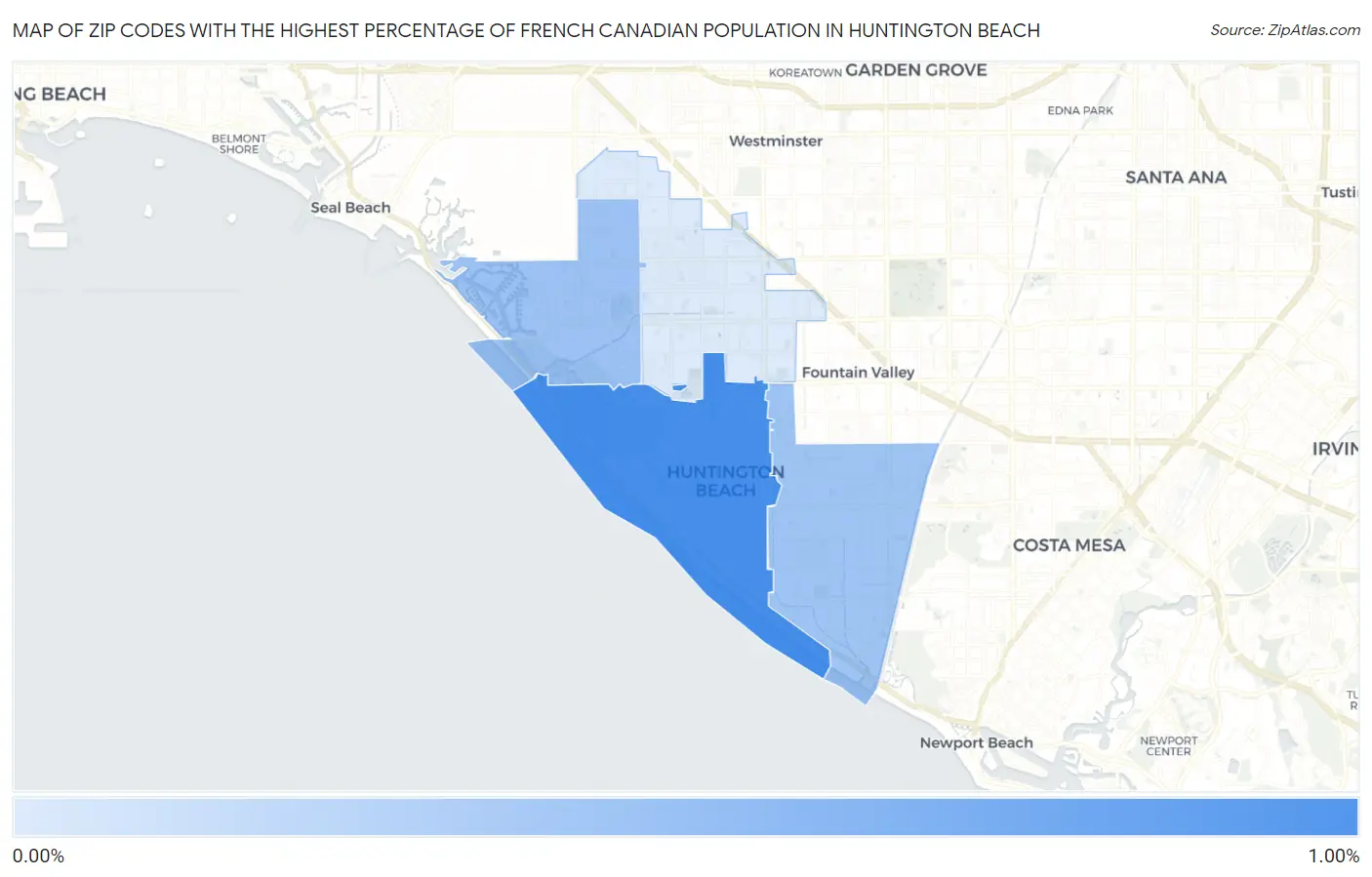 Zip Codes with the Highest Percentage of French Canadian Population in Huntington Beach Map
