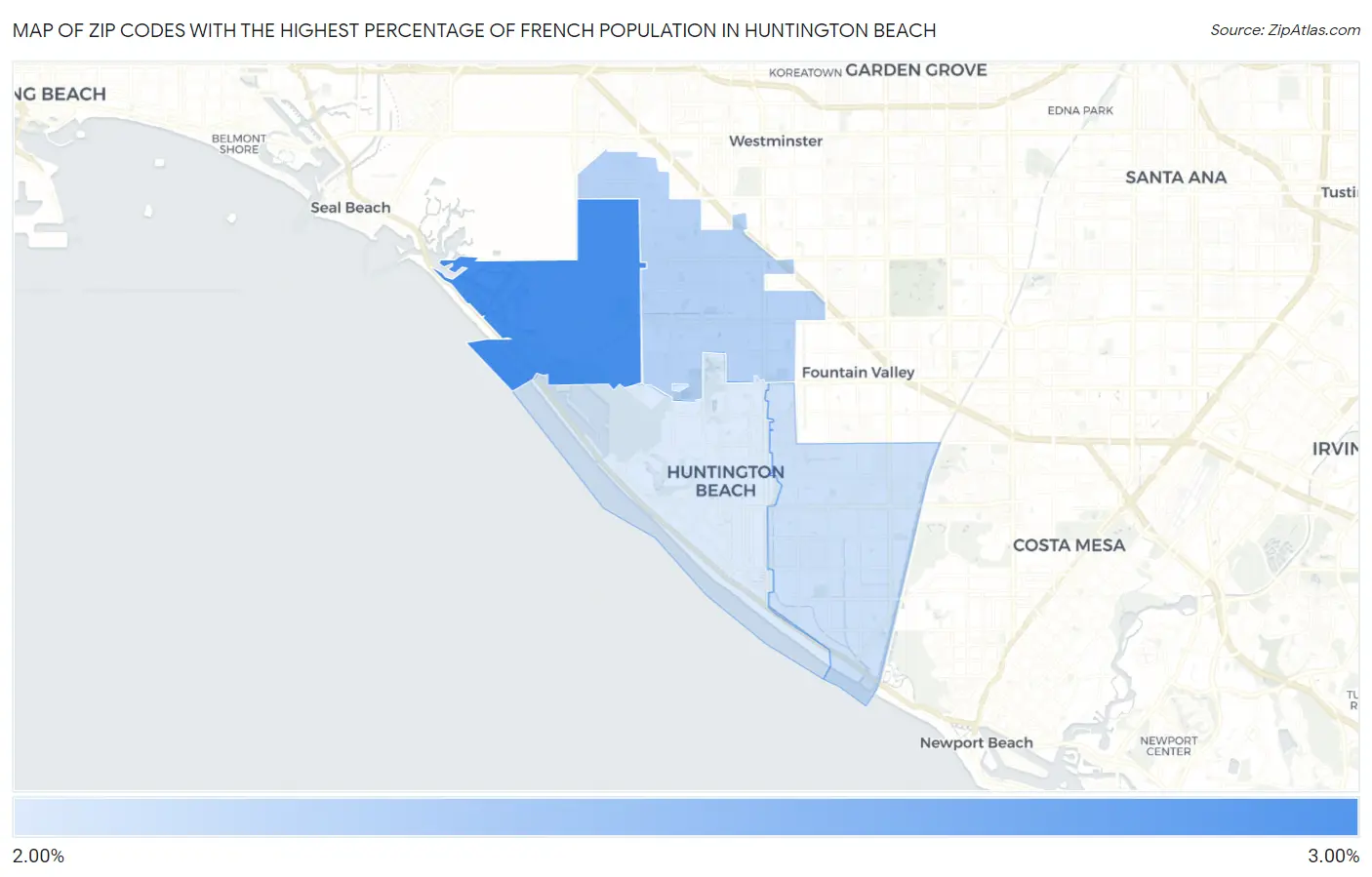 Zip Codes with the Highest Percentage of French Population in Huntington Beach Map