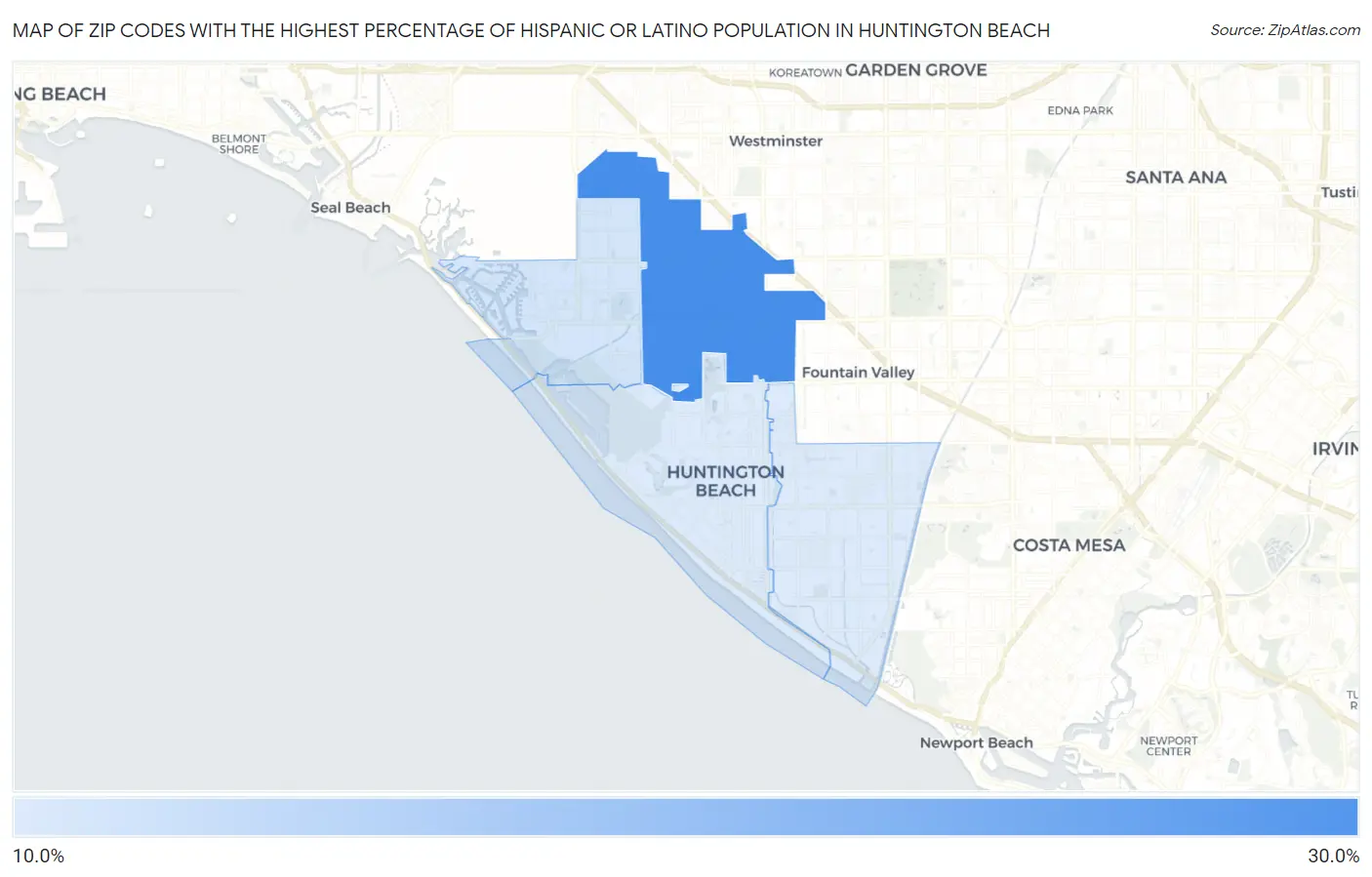 Zip Codes with the Highest Percentage of Hispanic or Latino Population in Huntington Beach Map