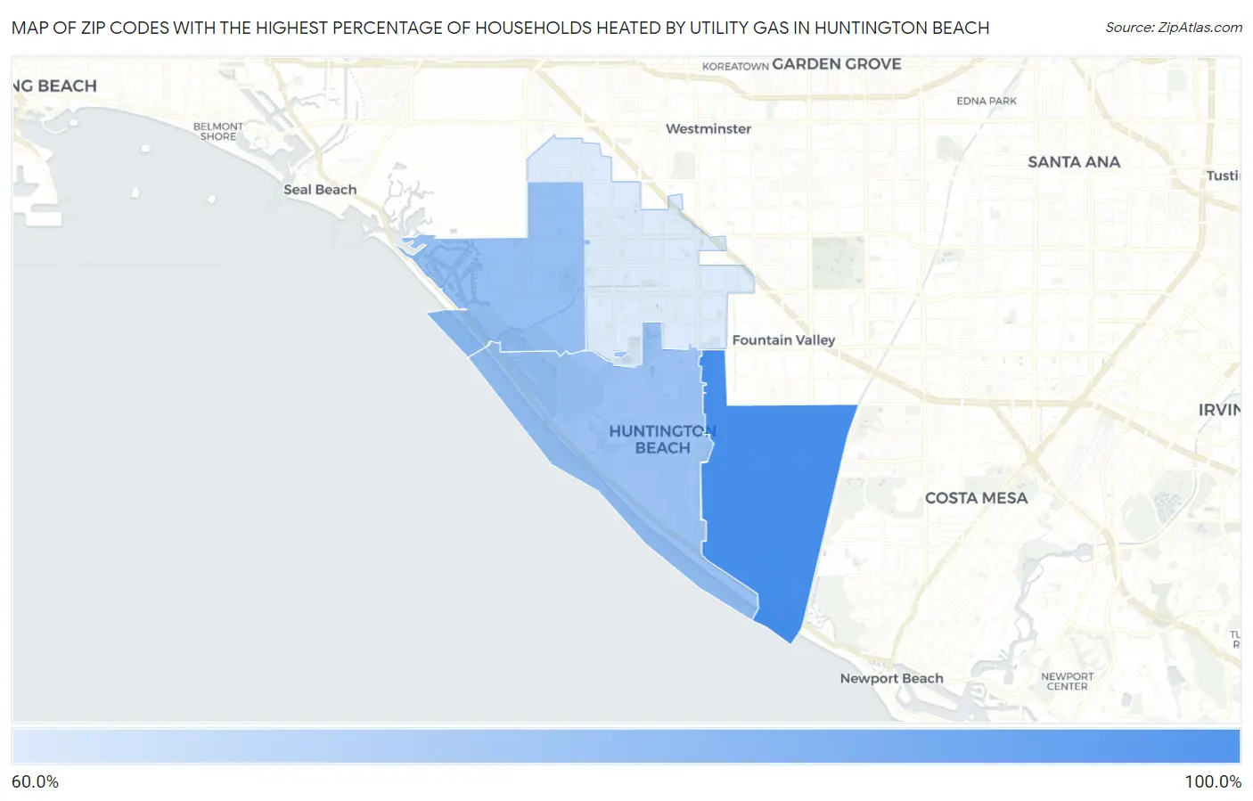 Zip Codes with the Highest Percentage of Households Heated by Utility Gas in Huntington Beach Map