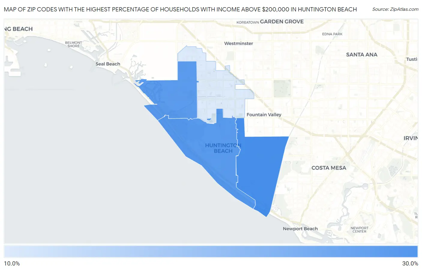 Zip Codes with the Highest Percentage of Households with Income Above $200,000 in Huntington Beach Map