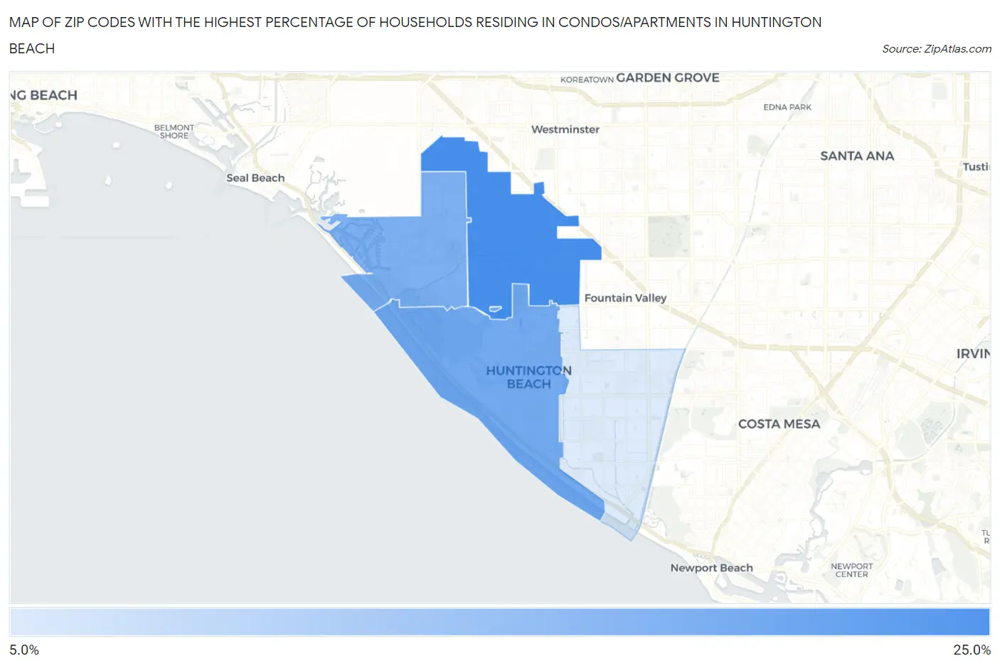 Zip Codes with the Highest Percentage of Households Residing in Condos/Apartments in Huntington Beach Map