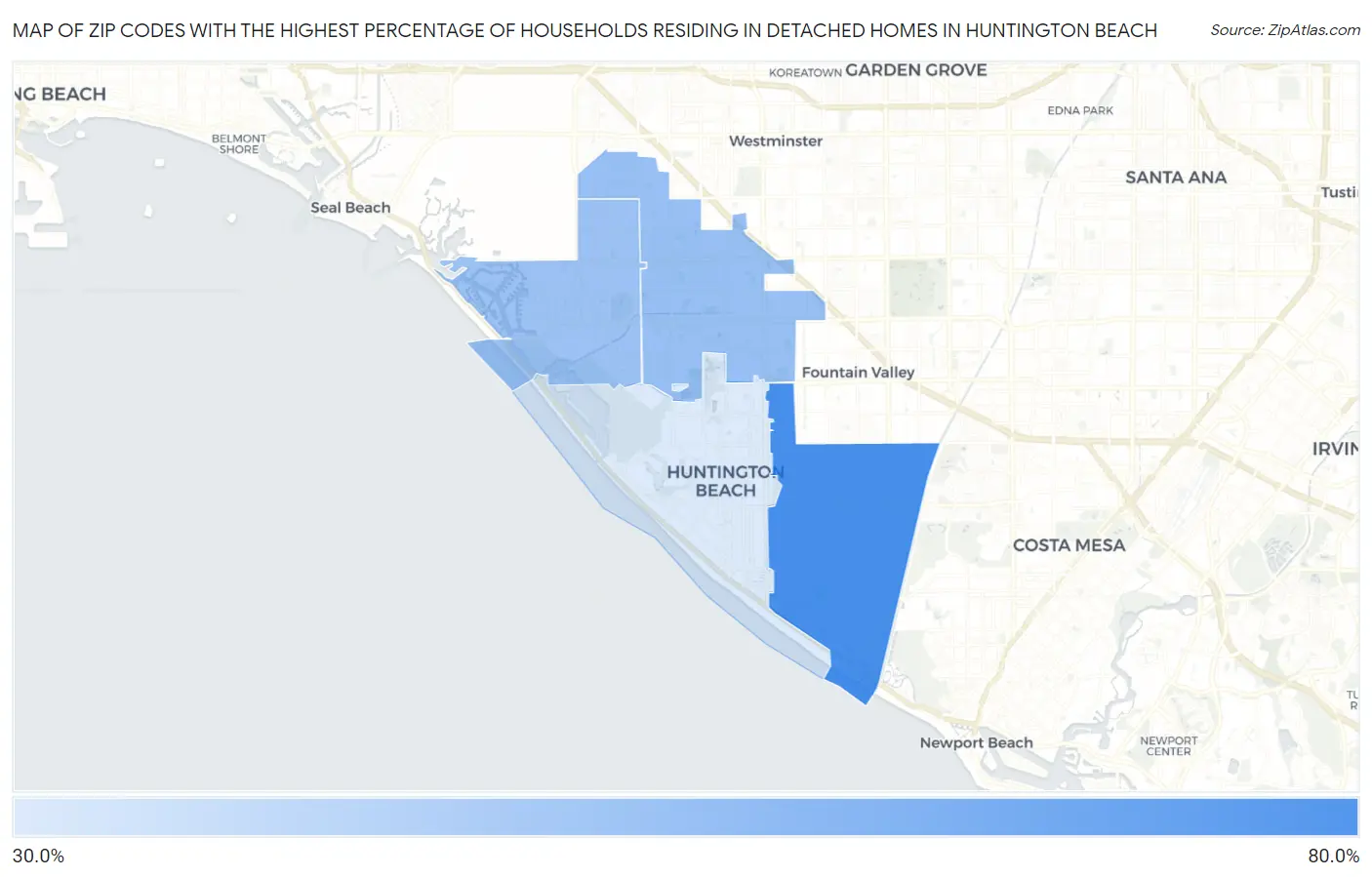 Zip Codes with the Highest Percentage of Households Residing in Detached Homes in Huntington Beach Map