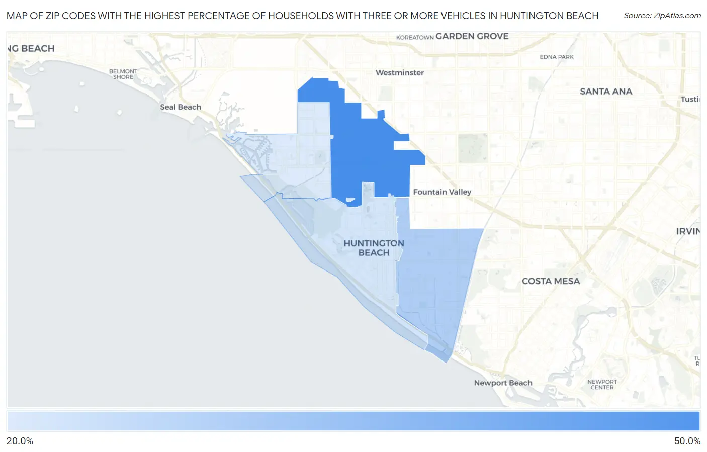 Zip Codes with the Highest Percentage of Households With Three or more Vehicles in Huntington Beach Map
