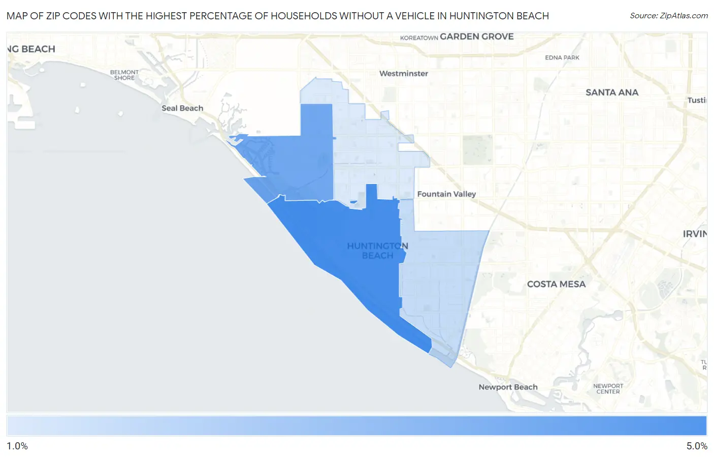 Zip Codes with the Highest Percentage of Households Without a Vehicle in Huntington Beach Map