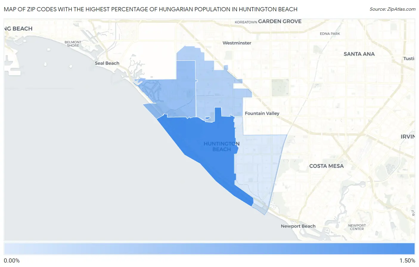 Zip Codes with the Highest Percentage of Hungarian Population in Huntington Beach Map