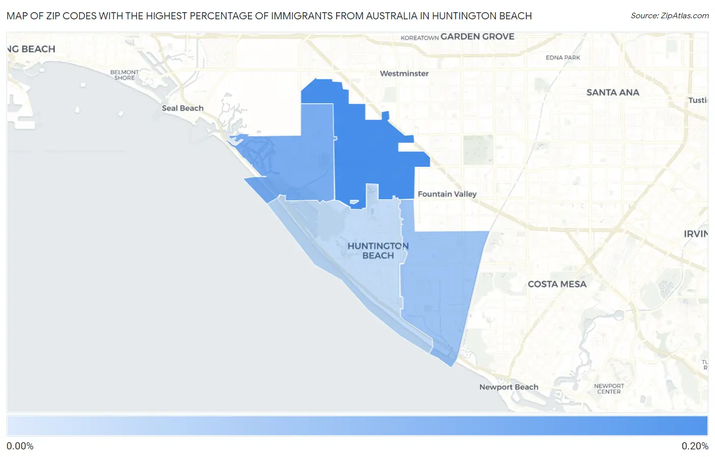 Zip Codes with the Highest Percentage of Immigrants from Australia in Huntington Beach Map