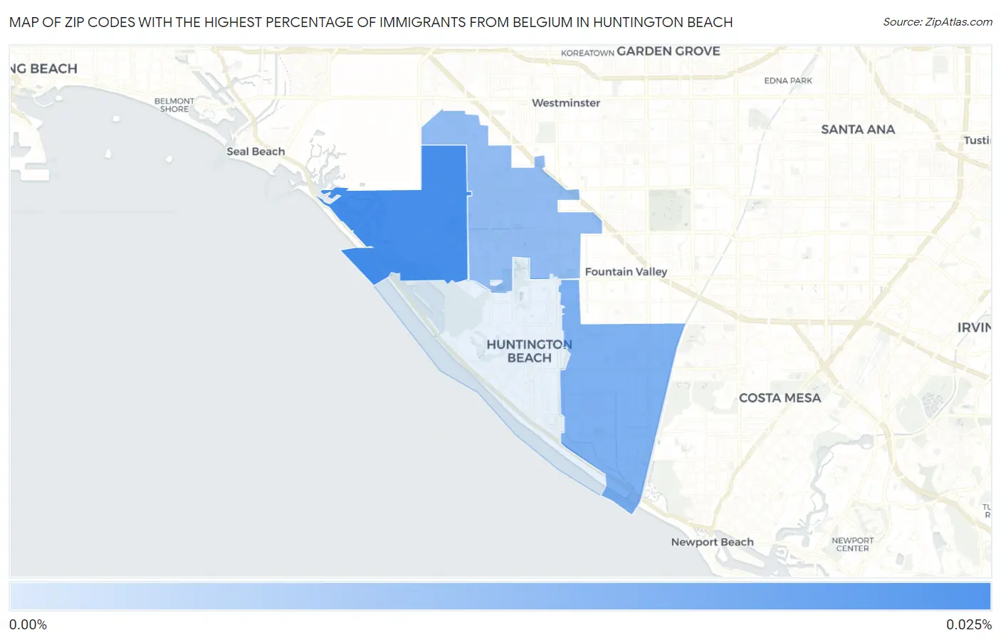 Zip Codes with the Highest Percentage of Immigrants from Belgium in Huntington Beach Map