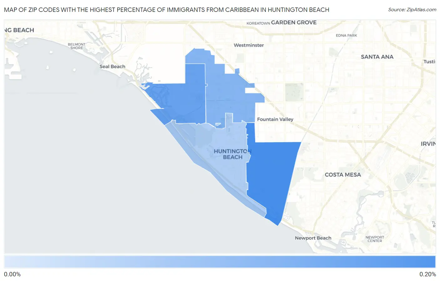 Zip Codes with the Highest Percentage of Immigrants from Caribbean in Huntington Beach Map