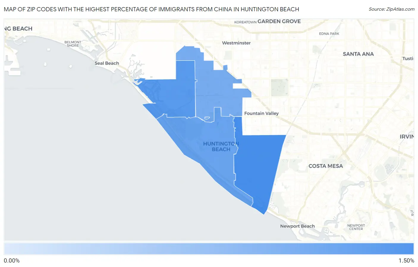 Zip Codes with the Highest Percentage of Immigrants from China in Huntington Beach Map