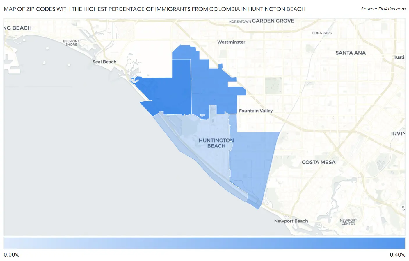 Zip Codes with the Highest Percentage of Immigrants from Colombia in Huntington Beach Map