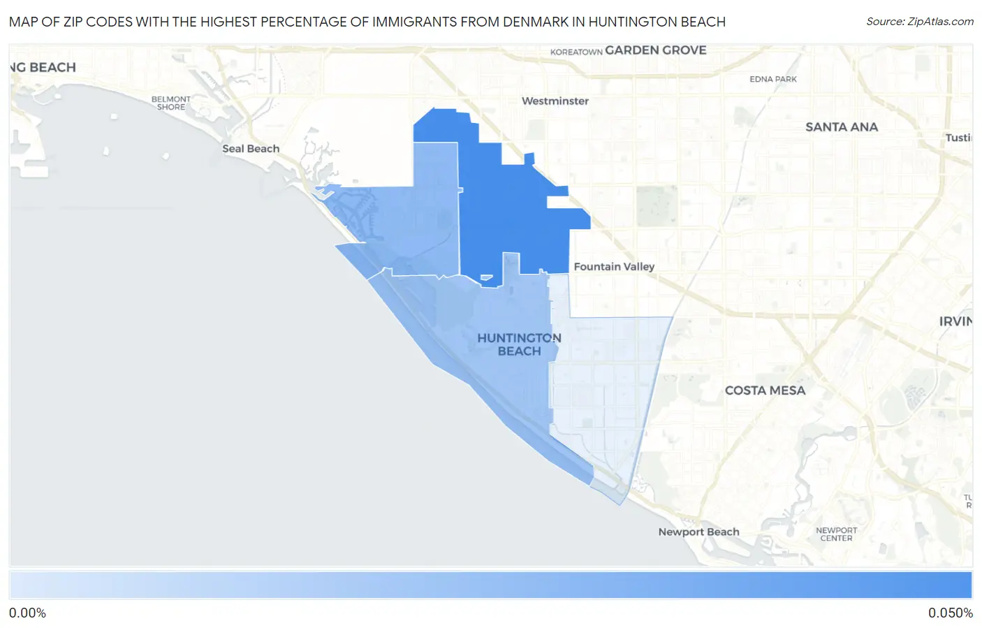 Zip Codes with the Highest Percentage of Immigrants from Denmark in Huntington Beach Map