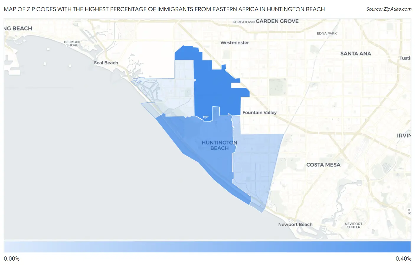 Zip Codes with the Highest Percentage of Immigrants from Eastern Africa in Huntington Beach Map
