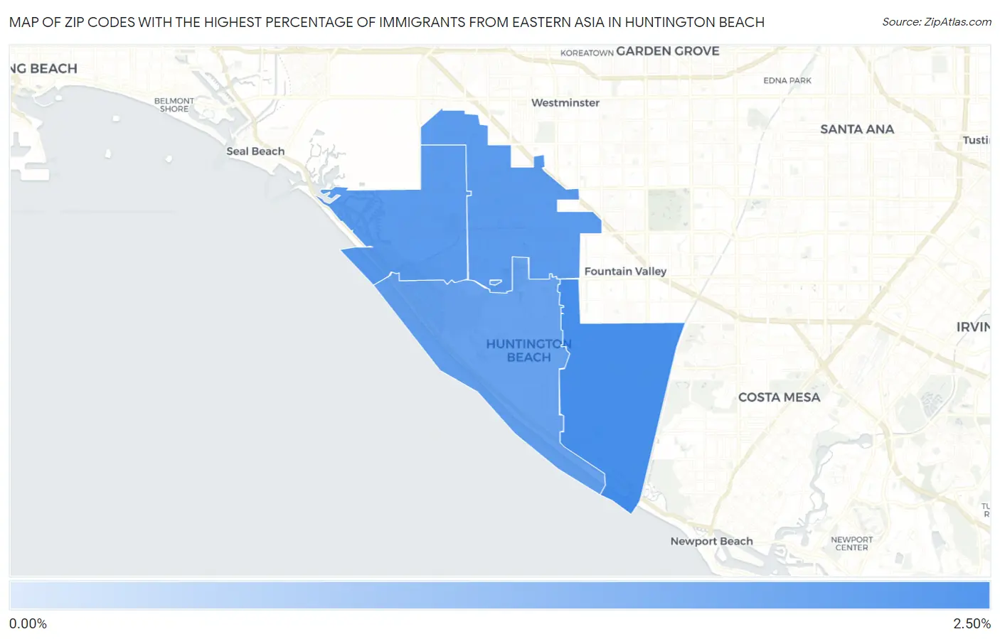 Zip Codes with the Highest Percentage of Immigrants from Eastern Asia in Huntington Beach Map
