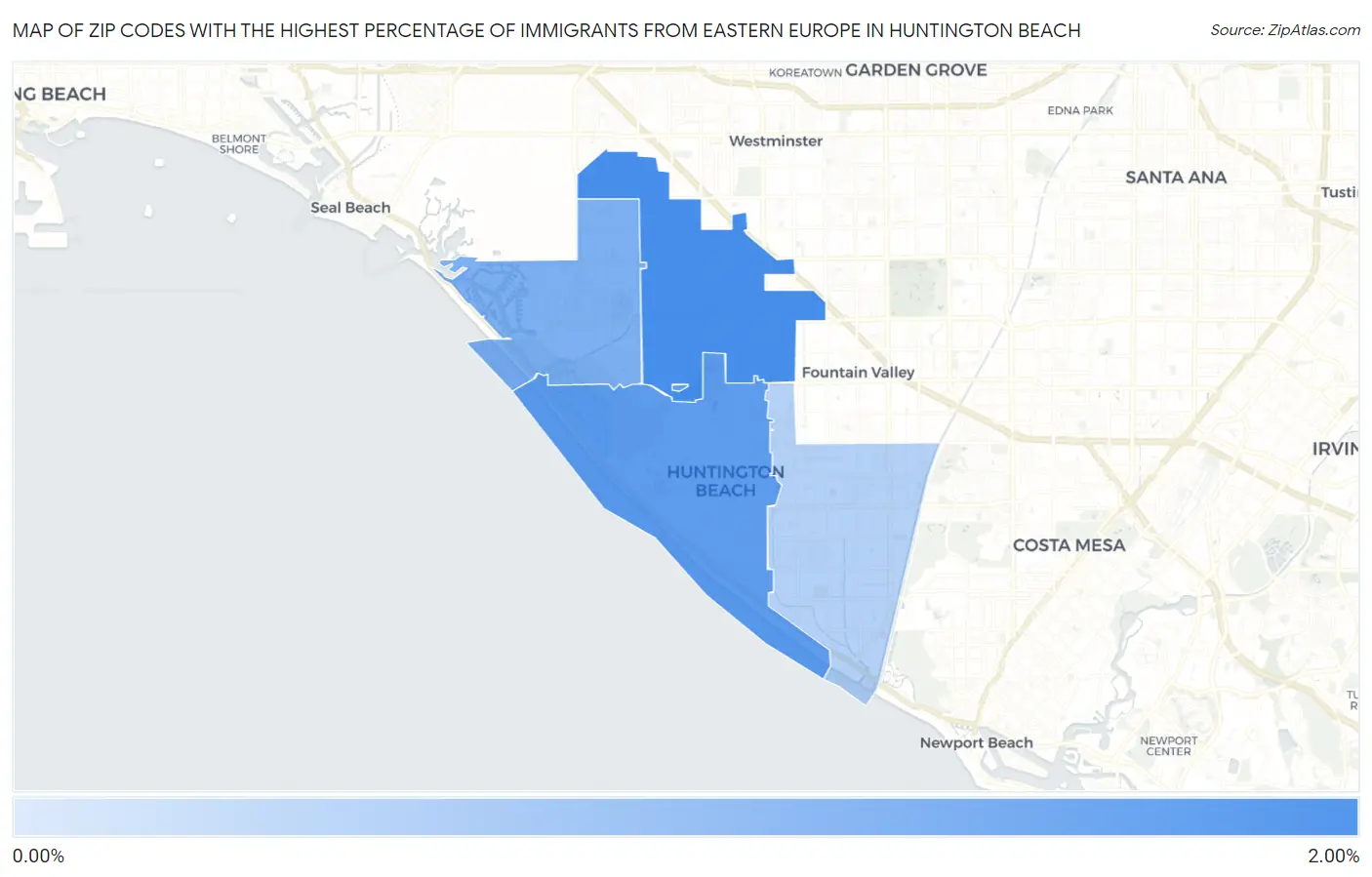 Zip Codes with the Highest Percentage of Immigrants from Eastern Europe in Huntington Beach Map