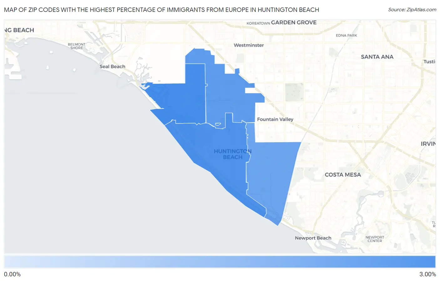 Zip Codes with the Highest Percentage of Immigrants from Europe in Huntington Beach Map