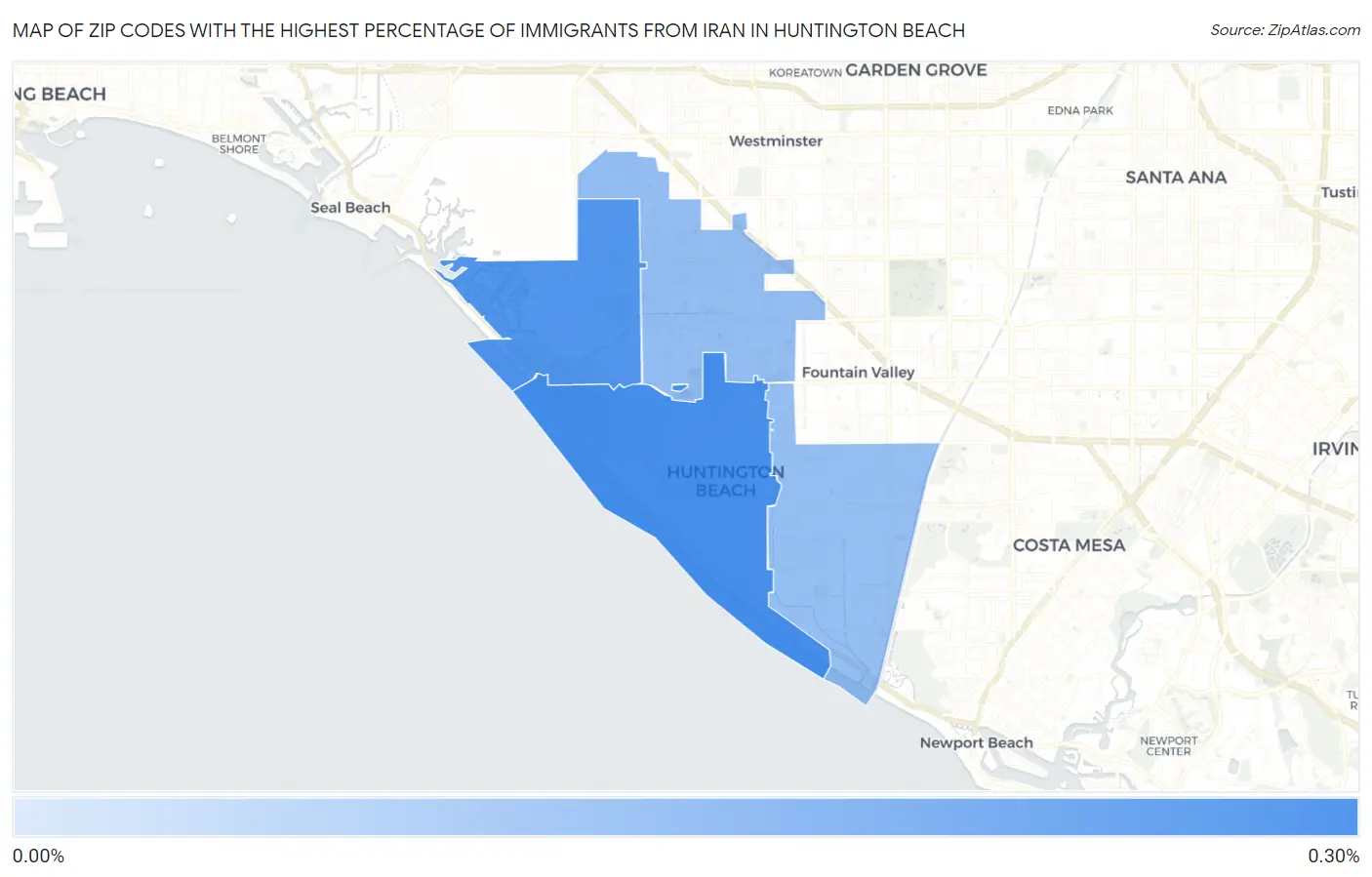 Zip Codes with the Highest Percentage of Immigrants from Iran in Huntington Beach Map