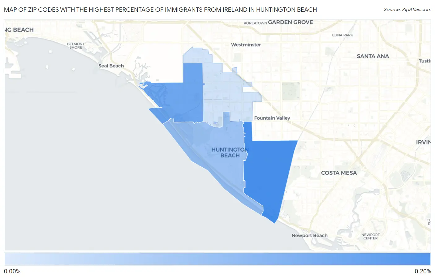 Zip Codes with the Highest Percentage of Immigrants from Ireland in Huntington Beach Map