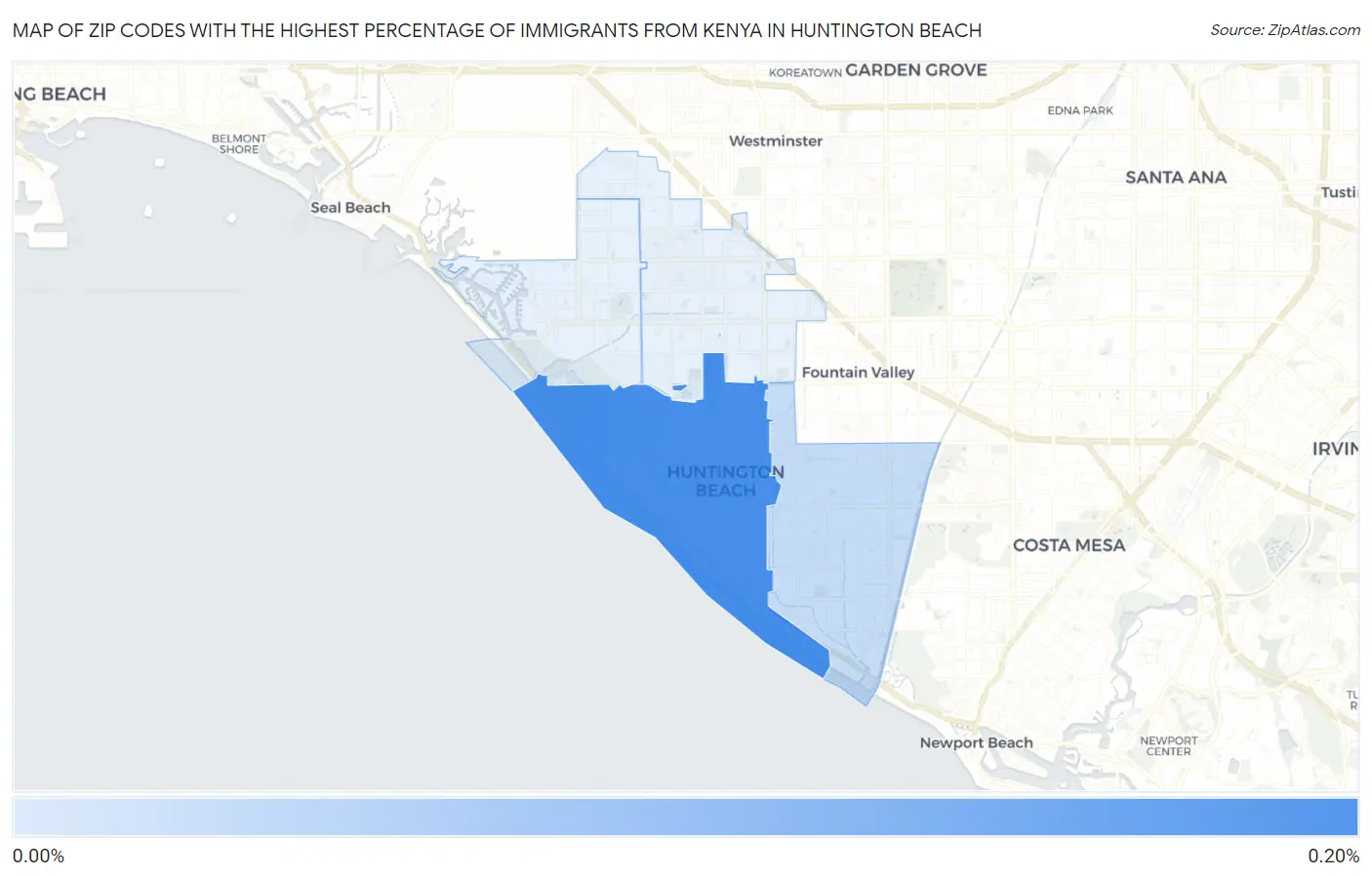 Zip Codes with the Highest Percentage of Immigrants from Kenya in Huntington Beach Map