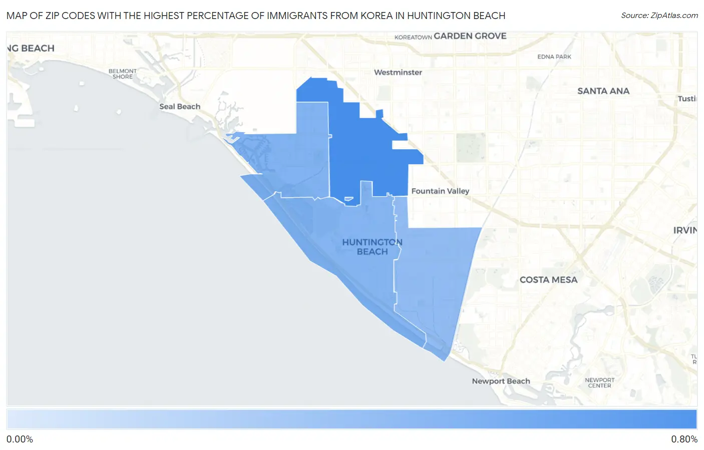 Zip Codes with the Highest Percentage of Immigrants from Korea in Huntington Beach Map