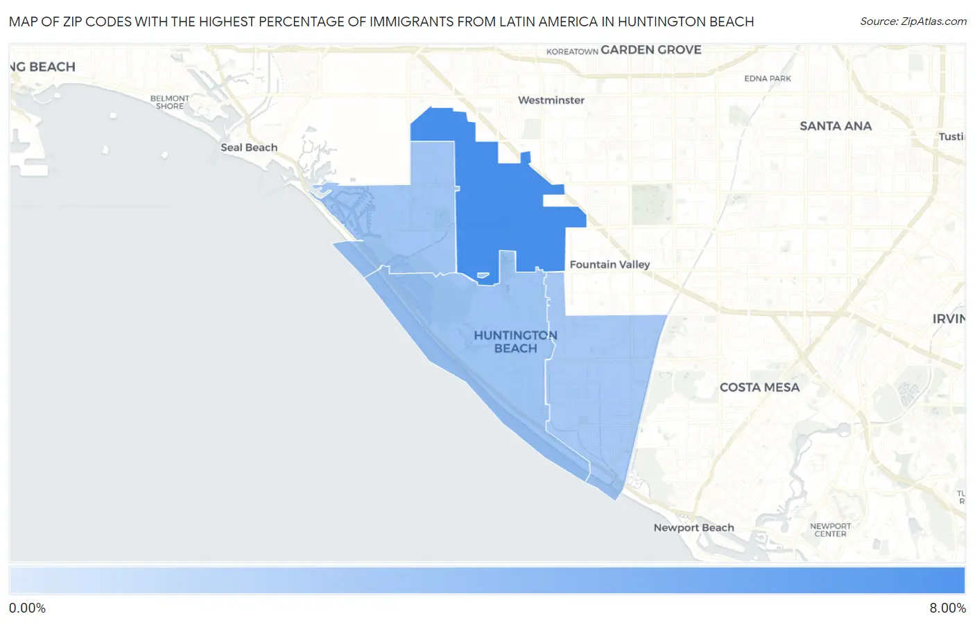 Zip Codes with the Highest Percentage of Immigrants from Latin America in Huntington Beach Map