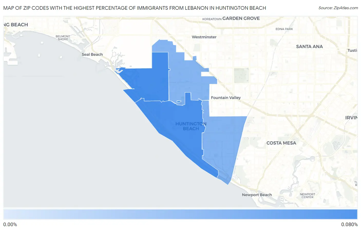 Zip Codes with the Highest Percentage of Immigrants from Lebanon in Huntington Beach Map
