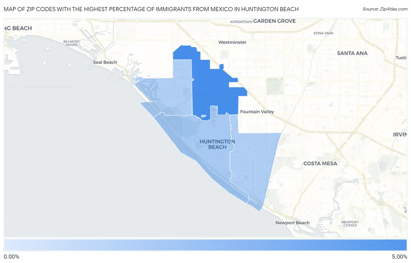 Zip Codes with the Highest Percentage of Immigrants from Mexico in Huntington Beach Map