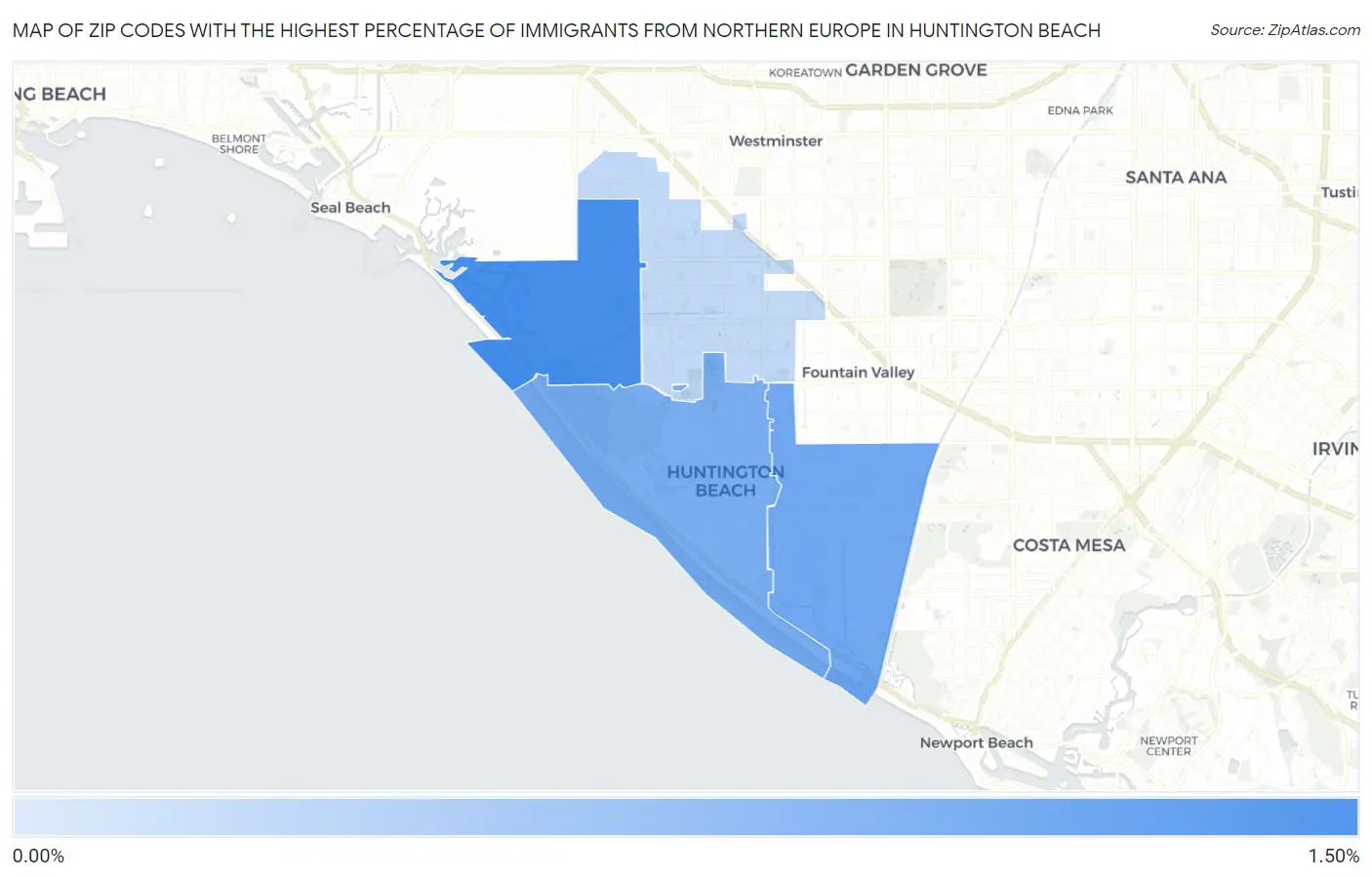 Zip Codes with the Highest Percentage of Immigrants from Northern Europe in Huntington Beach Map
