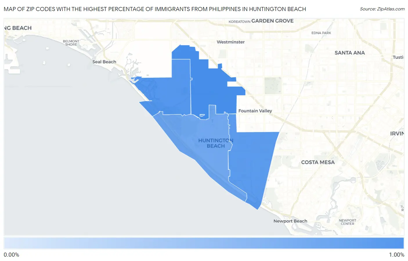 Zip Codes with the Highest Percentage of Immigrants from Philippines in Huntington Beach Map