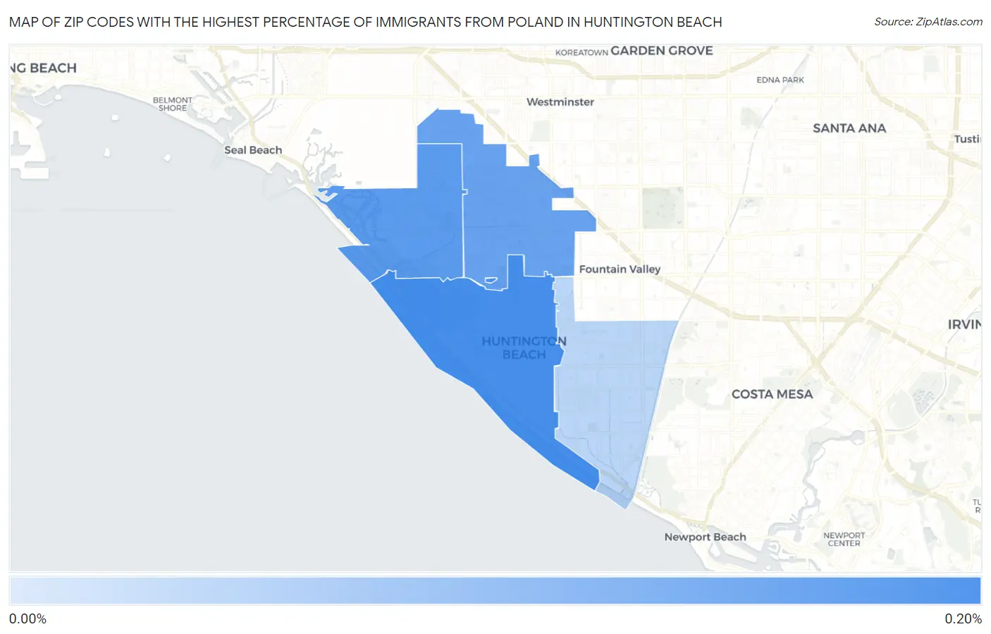 Zip Codes with the Highest Percentage of Immigrants from Poland in Huntington Beach Map